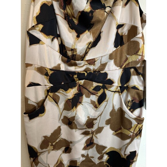 Nine & Co 12 Brown & Ivory Floral Sleeveless Satin A Line Dress With Pockets - Picture 3 of 6